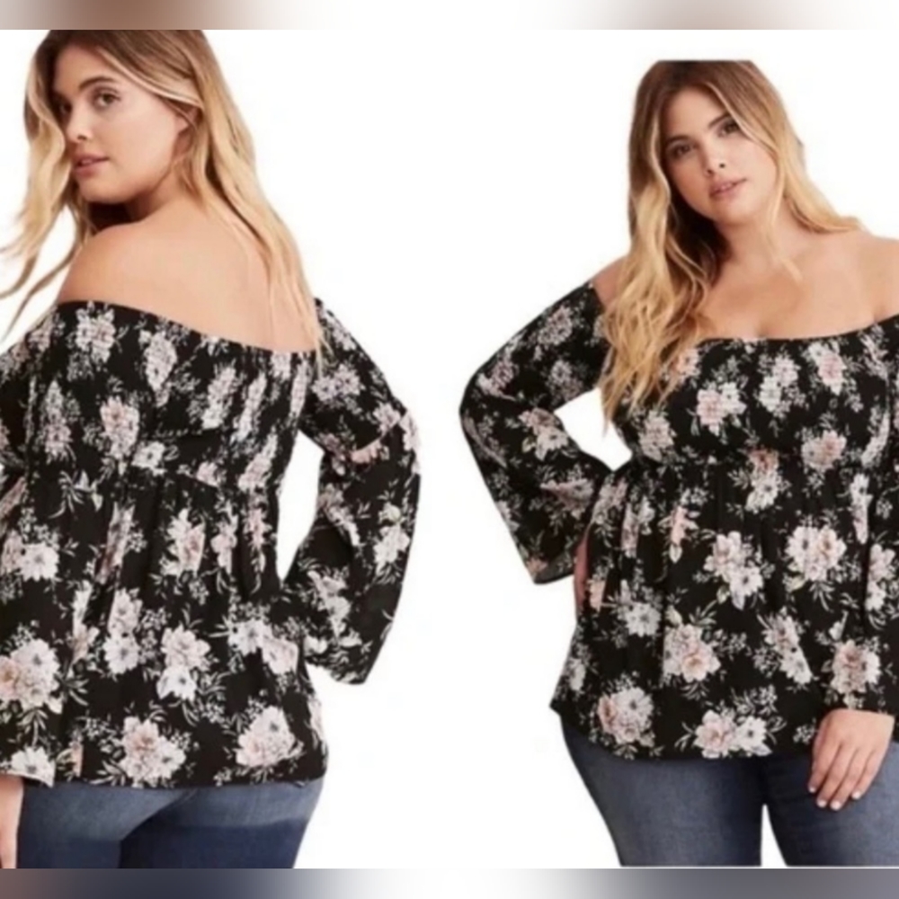 Torrid NWOT Floral, Flowy, Smocked Long Sleeve Off Shoulder Top Plus Size 1 - Picture 3 of 8